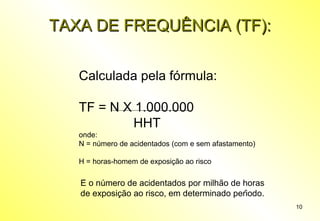 TAXA DE FREQUÊNCIA (TF):
Calculada pela fórmula:
TF = N X 1.000.000
HHT
onde:
N = número de acidentados (com e sem afastamento)
H = horas-homem de exposição ao risco

É o numero de acidentados por milhao de horas
́
̃
de exposicao ao risco, em determinado periodo.
̧ ̃
́
10

 