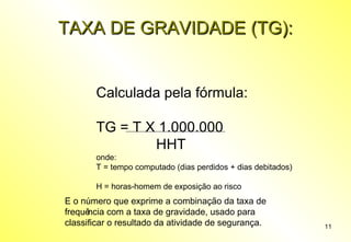 TAXA DE GRAVIDADE (TG):

Calculada pela fórmula:
TG = T X 1.000.000
HHT
onde:
T = tempo computado (dias perdidos + dias debitados)
H = horas-homem de exposição ao risco

É o numero que exprime a combinacao da taxa de
́
̧ ̃
frequê
ncia com a taxa de gravidade, usado para
classificar o resultado da atividade de seguranca.
̧

11

 