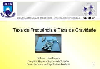 Taxa de Frequência e Taxa de Gravidade

Professor: Daniel Moura
Disciplina: Higiene e Segurança do Trabalho
Curso: Graduação em Engenharia de Produção

1

 