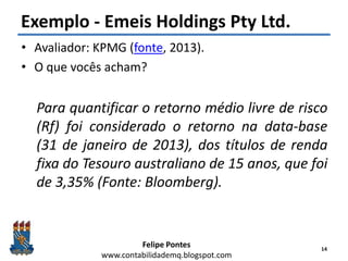 Felipe Pontes
www.contabilidademq.blogspot.com
Exemplo - Emeis Holdings Pty Ltd.
• Avaliador: KPMG (fonte, 2013).
• O que vocês acham?
Para quantificar o retorno médio livre de risco
(Rf) foi considerado o retorno na data-base
(31 de janeiro de 2013), dos títulos de renda
fixa do Tesouro australiano de 15 anos, que foi
de 3,35% (Fonte: Bloomberg).
14
 