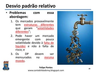 Felipe Pontes
www.contabilidademq.blogspot.com
Desvio padrão relativo
• Problemas com essa
abordagem:
1. Os mercados provavelmente
tem estruturas diferentes
que geram “volatilidades
diferentes”;
2. Pode haver um mercado
emergente com pouca
volatilidade devido à falta de
liquidez e não à falta de
risco; e
3. Os DP devem ser
mensurados na mesma
moeda.
29
 