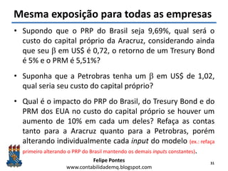 Felipe Pontes
www.contabilidademq.blogspot.com
Mesma exposição para todas as empresas
• Supondo que o PRP do Brasil seja 9,69%, qual será o
custo do capital próprio da Aracruz, considerando ainda
que seu b em US$ é 0,72, o retorno de um Tresury Bond
é 5% e o PRM é 5,51%?
• Suponha que a Petrobras tenha um b em US$ de 1,02,
qual seria seu custo do capital próprio?
• Qual é o impacto do PRP do Brasil, do Tresury Bond e do
PRM dos EUA no custo do capital próprio se houver um
aumento de 10% em cada um deles? Refaça as contas
tanto para a Aracruz quanto para a Petrobras, porém
alterando individualmente cada input do modelo (ex.: refaça
primeiro alterando o PRP do Brasil mantendo os demais inputs constantes).
31
 
