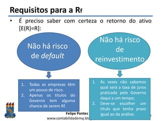 Felipe Pontes
www.contabilidademq.blogspot.com
Requisitos para a Rf
• É preciso saber com certeza o retorno do ativo
[E(R)=R]:
6
Não há risco
de default
Não há risco
de
reinvestimento
1. Todas as empresas têm
um pouco de risco.
2. Apenas os títulos do
Governo tem alguma
chance de serem Rf.
1. Às vezes não sabemos
qual será a taxa de juros
praticada pelo Governo
daqui a um tempo;
2. Deve-se escolher um
título que tenha prazo
igual ao da análise.
 