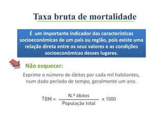 Exprime o número de óbitos por cada mil habitantes,
num dado período de tempo, geralmente um ano.
É um importante indicador das características
socioeconómicas de um país ou região, pois existe uma
relação direta entre os seus valores e as condições
socioeconómicas desses lugares.
Não esquecer:
Taxa bruta de mortalidade
 