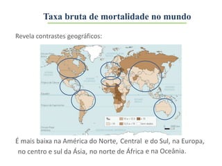É mais baixa na América do Norte, Central e do Sul, na Europa,
no centro e sul da Ásia, no norte de África
Revela contrastes geográficos:
e na Oceânia.
Taxa bruta de mortalidade no mundo
 