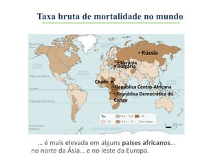 … é mais elevada em alguns países africanos…
Chade •
• República Centro-Africana
• República Democrática do
Congo
no norte da Ásia…
• Rússia
e no leste da Europa.
• Ucrânia
• Bulgária
Taxa bruta de mortalidade no mundo
 