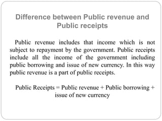 Difference between Public revenue and 
Public receipts 
Public revenue includes that income which is not 
subject to repayment by the government. Public receipts 
include all the income of the government including 
public borrowing and issue of new currency. In this way 
public revenue is a part of public receipts. 
Public Receipts = Public revenue + Public borrowing + 
issue of new currency 
 