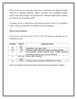 Since set-off of tax on purchases is given only on purchases from registered dealers
where tax is collected separately, dealer’s purchases from unregistered dealers,
imports, inter-state purchases and purchases from registered dealers without separate
tax collection are not entitled to set-off.
In practice, the tax is finally borne by the ultimate consumer, who is not a registered
dealer, in this case, people who buy utensils from the shopkeeper C.
Rates of value added tax
There are two main rates of VAT 4% and 12.5%. The goods are grouped into five
schedules as under:
Schedul
e
Rate of
tax
Illustrative Items
A 0% Vegetables, milk, eggs, bread
B 1% Precious metals and precious stones and their jewellery
C 4% Raw materials, notified industrial inputs, notified information
technology products and a few essential items
D 20% and
above
Liquor, petrol, diesel etc
E 12.5% Other than items specified in schedules A, B, C & D.
(The list is illustrative and not exhaustive. Please refer to the schedules for details)
 