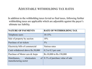 ADJUSTABLE WITHHOLDING TAX RATES
In addition to the withholding taxes levied as final taxes, following further
withholding taxes are applicable which are adjustable against the payer’s
ultimate tax liability.
NATURE OF PAYMENTS RATE OF WITHHOLDING TAX
Telephone users 10-15%
Sale of property by auction 10%
Purchase of air tickets 5%
Electricity bills of commercial Various rates
Cash withdrawal above Rs.50,000 0.2 to 0.3 per cent
Purchase of Motor cars & Jeeps Rs.10,000 to Rs.150,000
Distributors, wholesalers of
manufacturing sector
0.1% of purchase value of sale
 