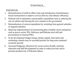 CONTINUE...
EXPENDITURE
1. Rationalization of staff-to-officer ratio and introduction of performance
based remuneration to improve service delivery and enhance efficiency.
2. Political will to rationalize current public expenditure such as reducing the
size of cabinet and freezing the new entrants in the government.
3. Rationalization of current expenditure by switching from general subsidies
to targeted subsidies.
4. Speed up implementation of restructuring plan of public sector enterprises
such as power sector, PIA, Railways and Pakistan steel mill and
privatization of selected PSEs.
5. In the development budget energy, human capital, innovation and
technology transfer may be accorded priority for long-term sustained
economic growth.
6. Increased budgetary allocation for social sectors (health, nutrition,
education and skill development) in order to reduce poverty and to
promote productivity of Pakistani labour.
 