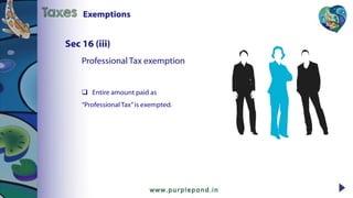 Professional Tax exemption
 Entire amount paid as
“Professional Tax”is exempted.
Sec 16 (iii)
Taxes Exemptions
 