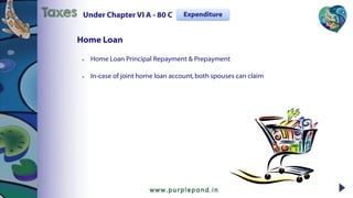  Home Loan Principal Repayment & Prepayment
 In-case of joint home loan account,both spouses can claim
Home Loan
Under Chapter VI A - 80 CTaxes Expenditure
 