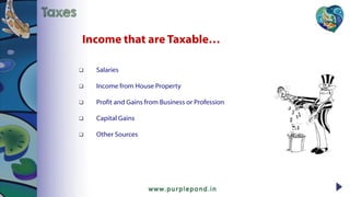 Salaries
 Income from House Property
 Profit and Gains from Business or Profession
 Capital Gains
 Other Sources
Income that are Taxable…
Taxes
 