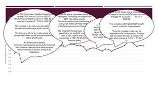 ANALYSIS
0.00
1.00
2.00
3.00
4.00
5.00
6.00
7.00
8.00
9.00
10.00
Nettaxrevenue,GDPratio
Net Tax-GDP ratio
In the first, there was a steady increase in the
net tax–GDP ratio to 5.15% by 1970-71.
This further increased to 6.57% in 1981-82 and
reached to a peak of 7.73% by 1988-89.
The increase in tax ratio was necessitated by
the need to finance large public sector plans.
The buoyancy of the tax in later years of the
phase was fuelled by the economy attaining a
higher growth path.
As the economy started
booming, manufacturing sector performing well
thus revenue collection from these sources
were increased on various fronts of tax
collections.
1988-89, saw a pay-scale revision of
employees, increasing the expenditure
GDP ratio of the country.
This led to serious fiscal imbalances or
a very high debt-GDP ratio which led
to the famous economic crisis of India.
The impact of this was seen in coming
years fall in net tax-GDP ratio which
were 7.43%, 6.80% and 6.00%
respectively in 1991-92,92-93,93-94
financial years.
In third phase, the ratio
decreased to around 5.7 % in
2001-02. Thus 1991 to 2001
period saw slight fluctuations
though it overall remain steady at
an average rate of around 6%
The Fourth phase saw a continuous
increase in the net tax-GDP ratio from the
average 6% to around 8.81% in
2007-08.
This coincides with highest GDP growth
rate of India after independence.
Thus the increase in ratio can be
attributed to the Tax buoyancy. Though
last few years this seen a slump in the
ratio which stands at 7.25% in FY 2011-
12.
 