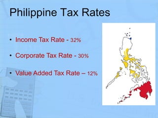 Philippine Tax Rates Income Tax Rate -  3 2% Corporate Tax Rate -  30 % Value Added Tax Rate –  12% 