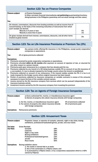 Section 122: Tax on Finance Companies
Persons subject: a) Finance Companies
b) Other non-bank financial intermediaries not performing quasi-banking functions,
doing business in the Philippine (pawnshop and non-stock savings and loan assoc)
Tax:
On interest, commissions, discounts from lending activities as well as income from fi-
nancial leasing, on the basis of the remaining maturities of instruments from which
such receipts are derived
Maturity is 5 years or less
Maturity is more than 5 years
5%
1%
On gross receipts derived from interest, commissions, discounts, and all other items
treated as gross income
5%
Section 123: Tax on Life Insurance Premiums or Premium Tax (2%)
Persons subject: Any person/entity offering life insurance in the Philippines, except purely cooperative
companies or associations.
Tax: 2% of gross premiums collected
Exemptions:
1. Premiums received by purely cooperative companies or associations;
2. Premiums refunded within six (6) months after payment on account of rejection of risk, or returned for
any other reason to a person insured;
3. Premiums paid upon reinsurance by a company that has already paid the tax;
4. Premiums collected by any branch of a DC doing business outside PH on account of any life insurance of
a non-resident, if a tax is already imposed by the foreign country where the branch is established;
5. Premiums collected on account of any reinsurance, if the insured resides outside the PH, if a tax is al-
ready imposed by the foreign country where original insurance has been issued.
6. Portion of premiums collected by insurance companies on variable contracts in excess of the amounts
necessary to insure the lives of the variable contract owners.
7. income earned by the life insurance company from services which can be pursued independently of the
insurance business activity
8. Investment income earned by the life insurance company from investing the premium
Section 124: Tax on Agents of Foreign Insurance Companies
Persons subject: a) Every authorized fire, marine, or miscellaneous insurance agent
b) Owners of property who obtain insurance directly with foreign companies.
Tax: 1. For fire, marine, or miscellaneous insurance agent 4% of premiums collected
2. For owners of property who obtain insurance directly 5% of premiums paid
with foreign companies
Exemptions: Reinsurance premiums
Section 125: Amusement Taxes
Persons subject: Proprietor, lessee, or operator of cockpits, cabarets, night or day clubs, boxing
exhibitions, professional basketball games, jai-alai, and race tracks
Tax base: Gross Receipts
Tax Rate: Cockpits 18%
Cabarets 18%
Night or day clubs 18%
Boxing exhibitions 10%
Professional basketball games 15%
Jai-alai 30%
Race tracks 30%
Exemptions: Boxing exhibition where:
1. The world or oriental title is at stake
2. One of the contenders is a Filipino citizen; and
3. Is promoted by a Filipino citizen, or by a corporation/association which is ≥ 60%
owned by Filipinos
 