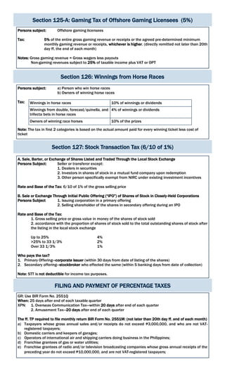 Section 125-A: Gaming Tax of Offshore Gaming Licensees (5%)
Persons subject: Offshore gaming licensees
Tax: 5% of the entire gross gaming revenue or receipts or the agreed pre-determined minimum
monthly gaming revenue or receipts, whichever is higher. (directly remitted not later than 20th
day ff. the end of each month)
Notes: Gross gaming revenue = Gross wagers less payouts
Non-gaming revenues subject to 25% of taxable income plus VAT or OPT
Section 126: Winnings from Horse Races
Persons subject: a) Person who win horse races
b) Owners of winning horse races
Tax:
Note: The tax in first 2 categories is based on the actual amount paid for every winning ticket less cost of
ticket
Winnings in horse races 10% of winnings or dividends
Winnings from double, forecast/quinella, and
trifecta bets in horse races
4% of winnings or dividends
Owners of winning race horses 10% of the prizes
Section 127: Stock Transaction Tax (6/10 of 1%)
A. Sale, Barter, or Exchange of Shares Listed and Traded Through the Local Stock Exchange
Persons Subject: Seller or transferor except:
1. Dealers in securities
2. Investors in shares of stock in a mutual fund company upon redemption
3. Other person specifically exempt from NIRC under existing investment incentives
Rate and Base of the Tax: 6/10 of 1% of the gross selling price
B. Sale or Exchange Through Initial Public Offering (“IPO”) of Shares of Stock in Closely-Held Corporations
Persons Subject 1. Issuing corporation in a primary offering
2. Selling shareholder of the shares in secondary offering during an IPO
Rate and Base of the Tax:
1. Gross selling price or gross value in money of the shares of stock sold
2. accordance with the proportion of shares of stock sold to the total outstanding shares of stock after
the listing in the local stock exchange
Up to 25% 4%
>25% to 33 1/3% 2%
Over 33 1/3% 1%
Who pays the tax?
1. Primary Offering—corporate issuer (within 30 days from date of listing of the shares)
2. Secondary offering—stockbroker who effected the same (within 5 banking days from date of collection)
Note: STT is not deductible for income tax purposes.
FILING AND PAYMENT OF PERCENTAGE TAXES
GR: Use BIR Form No. 2551Q
When: 25 days after end of each taxable quarter
XPN: 1. Overseas Communication Tax—within 20 days after end of each quarter
2. Amusement Tax—20 days after end of each quarter
The ff. TP required to file monthly return BIR Form No. 2551M: (not later than 20th day ff. end of each month)
a) Taxpayers whose gross annual sales and/or receipts do not exceed ₱3,000,000, and who are not VAT-
registered taxpayers;
b) Domestic carriers and keepers of garages;
c) Operators of international air and shipping carriers doing business in the Philippines;
d) Franchise grantees of gas or water utilities;
e) Franchise grantees of radio and/or television broadcasting companies whose gross annual receipts of the
preceding year do not exceed ₱10,000,000, and are not VAT-registered taxpayers;
 