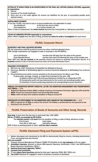OPTION OF TP WHEN THERE IS AN OVERPAYMENT IN THE FINAL ADJ. RETURN (ANNUAL RETURN): applicable
to corporations
1. Refund
2. Issuance of Tax Credit Certificate
3. Carry over as a tax credit against his income tax liabilities for the qtrs. of succeeding taxable years
(default choice)
INSTALLMENT PAYMENT
IF tax due >2,000, may elect to pay in 2 equal installments (not applicable to corpo)
1st installment at the time the return is filed
2nd installment on or before October 15
Note: in case of nonpayment, the whole amount becomes due and payable w/ delinquency penalties
FILING AN AMENDED RETURN (applicable to corporations)
When: Within 3 years from the date of filing, provided no notice for audit or investigation for such return
FILING: Corporate Return
QUARTERLY AND FINAL ADJUSTED RETURNS
GR: All corporations shall file quarterly income tax return and final adjusted return
XPN: Foreign corporations not engaged in trade or business in the PH (NRFCs)
1st to 3rd Quarter not later than 60 days from the close of the quarter
Final Adjusted Return not later than April 15 following the close of the taxable year
Note: GPP may, but not required to file quarterly income tax returns or quarterly information returns. It is
required however to file an annual income tax return of annual information return.
REQUIRED ATTACHMENTS:
1. BIR Form No. 2307 (Certificate of Creditable Tax Withheld at Source)
2. Summary Alphalist of Withholding Agents of Income Payments Subjected to Withholding Tax at Source
(“SAWT”)
3. Financial Statements which must be attached to the Annual Income Tax Return upon filing
IF gross sales, earnings, receipts, or output from business for the year >3M:
(1) Balance Sheet and Profit and Loss Statement certified by an independent CPA.
(2) Comparative profit and loss statements for the current and preceding taxable years.
(3) Schedule of income producing properties and corresponding incomes therefrom
ANNUAL TAX INCENTIVES REPORT UNDER RA. 10708: TAX INCENTIVES MANAGEMENT AND TRANSPARENCY
ACT (TIMTA) — NEW
 Registered Business Entities (RBEs) availing incentives of Investment Promotion Agencies (IPA) shall file:
 What: Annual Tax Incentives Report and Annual Benefits Report
 When: within 30 days from statutory deadline of filing of annual ITR
CERTIFICATE OF ENTITLEMENT TO TAX INCENTIVES (CETI) ISSUED BY THE CONCERNED IPA — NEW
 CETI is required for all RBEs to avail of the Income Tax Holiday or preferential tax rate granted by law
 Attached to the Annual ITR
FILING: Preservation of Books of Accounts and Other Acctg. Records
How long: 3 years from the last entry in each book (Sec. 235, NIRC)
RR No. 17-2013, as amended by RR 5-2014
The retention period is 10 years from the deadline of filing, or date of filing, whichever is later.
First 5 years hard copies
From 6th to 10th year softcopies allowed
XPN: If there is pending protest or claim, until the case is resolved.
FILING: Electronic Filing and Payments System (eFPS)
 System developed and maintained by the BIR for electronically filing tax returns, including attachments,
if any, and paying taxes due thereon
Who are covered?
1. Taxpayer Account Management Program (TAMP) TP identified as the top taxpayers in the tax region
2. Accredited Importers required to secure BIR-Importer Clearance Certificates (“ICCs”) and BIR-Customs
Broker Clearance Certificates (“BCCs”)
3. National Government Agencies (“NGAs”)
4. Licensed local contractors
5. TP who enjoys fiscal incentives granted by other gov’t agencies (PEZA, BOI, TIEZA, etc.)
6. Top 5,000 individual TP engaged in trade or business or practice of profession
 