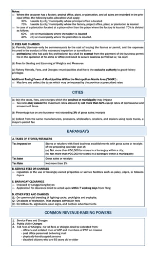 Notes:
 Where the taxpayer has a factory, project office, plant, or plantation, and all sales are recorded in the prin-
cipal office, the following sales allocation shall apply:
30% taxable by city/municipality where principal office is located
70% taxable by city/municipality where the factory, project office, plant, or plantation is located
 In case of a plantation located at a place other than the place where the factory is located, 70% is divided
as follows:
60% city or municipality where the factory is located
40% city or municipality where the plantation is located.
2. FEES AND CHARGES
(a) Permits/Licenses—only be commensurate to the cost of issuing the license or permit, and the expenses
incurred in the conduct of the necessary inspection or surveillance
 professional who has paid his professional tax shall be exempt from the payment of the business permit
fee in the operation of his clinic or office (still need to secure business permit but w/ no cost)
(b) Fees for Sealing and Licensing of Weights and Measures
(c) Fishery Rentals, Fees, and Charges—municipalities shall have the exclusive authority to grant fishery
privileges
Additional Taxing Power of Municipalities Within the Metropolitan Manila Area (“MMA”) :
 May levy and collect the taxes which may be imposed by the province at prescribed rates
CITIES
(a) levy the taxes, fees, and charges which the province or municipality may impose
 Tax rates may exceed the maximum rates allowed by not more than 50% except rates of professional and
amusement taxes
(b) Percentage tax on any business—not exceeding 3% of gross sales/receipts
(c) Collect from the same manufacturers, producers, wholesalers, retailers, and dealers using route trucks, a
mayor’s permit fee
BARANGAYS
A. TAXES OF STORES/RETAILERS
Tax imposed on Stores or retailers with fixed business establishments with gross sales or receipts
of the preceding calendar year of:
(a) Not more than ₱50,000 for stores in a barangay within a city;
(b) Not more than ₱30,000 for stores in a barangay within a municipality
Tax base Gross sales or receipts
Tax Rate Not more than 1%
B. SERVICE FEES OR CHARGES
 regulation or the use of barangay-owned properties or service facilities such as palay, copra, or tobacco
dryers
C. BARANGAY CLEARANCE
 Imposed by sangguniang bayan
 Application for clearance shall be acted upon within 7 working days from filing
D. OTHER FEES AND CHARGES
(1) On commercial breeding of fighting cocks, cockfights and cockpits;
(2) On places of recreation. That charges admission fees
(3) On billboards, signboards, neon signs, and outdoor advertisements
COMMON REVENUE-RAISING POWERS
1. Service Fees and Charges
2. Public Utility Charges
3. Toll Fees or Charges—no toll fees or charges shall be collected from:
- officers and enlisted men of AFP and members of PNP on mission
- post office personnel delivering mail
- physically-handicapped persons
- disabled citizens who are 65 years old or older
 