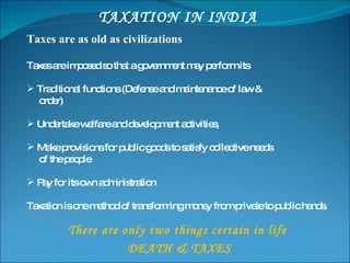 [object Object],[object Object],[object Object],[object Object],[object Object],[object Object],[object Object],There are only two things certain in life  DEATH & TAXES TAXATION IN INDIA 