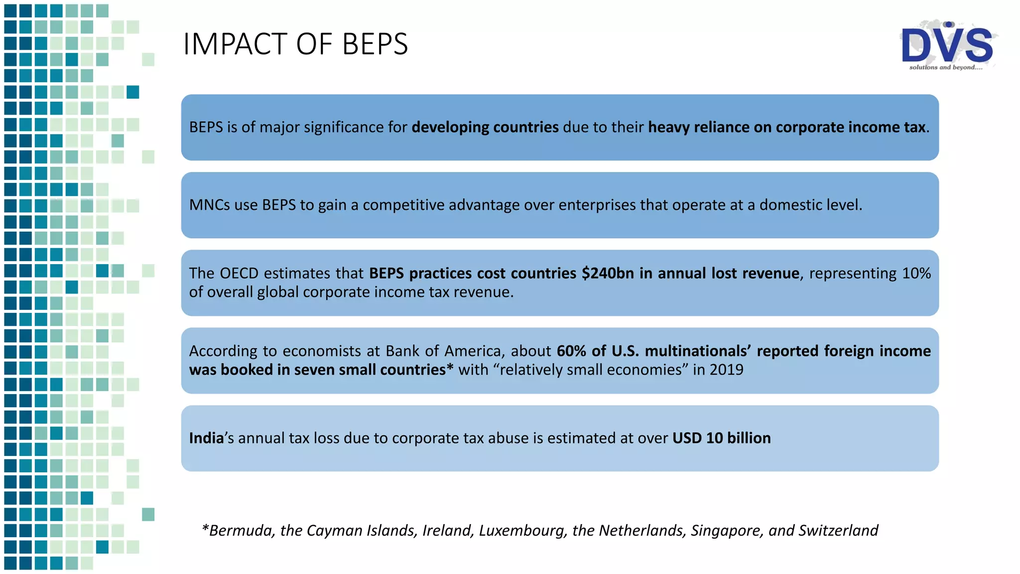 IMPACT OF BEPS
BEPS is of major significance for developing countries due to their heavy reliance on corporate income tax.
MNCs use BEPS to gain a competitive advantage over enterprises that operate at a domestic level.
The OECD estimates that BEPS practices cost countries $240bn in annual lost revenue, representing 10%
of overall global corporate income tax revenue.
According to economists at Bank of America, about 60% of U.S. multinationals’ reported foreign income
was booked in seven small countries* with “relatively small economies” in 2019
India’s annual tax loss due to corporate tax abuse is estimated at over USD 10 billion
*Bermuda, the Cayman Islands, Ireland, Luxembourg, the Netherlands, Singapore, and Switzerland
 
