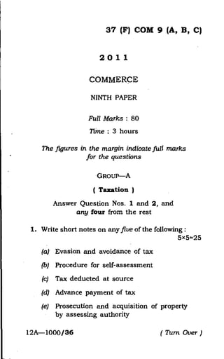 M-com Previous Year question paper of Taxation(paper 2011)