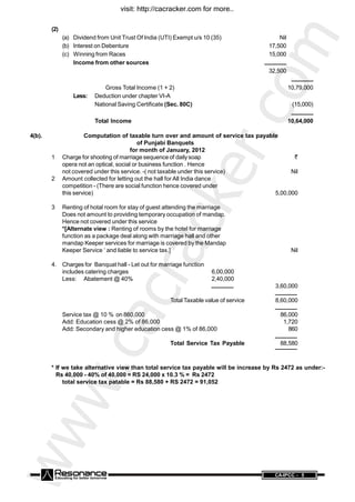 www.cacracker.com
ANCE CA-IPCC - 5
(2)
(a) Dividend from Unit Trust Of India (UTI) Exempt u/s 10 (35) Nil
(b) Interest on Debenture 17,500
(c) Winning from Races 15,000
Income from other sources
32,500
Gross Total Income (1 + 2) 10,79,000
Less: Deduction under chapter VI-A
National Saving Certificate (Sec. 80C) (15,000)
Total Income 10,64,000
4(b). Computation of taxable turn over and amount of service tax payable
of Punjabi Banquets
for month of January, 2012
1 Charge for shooting of marriage sequence of dailysoap `
opera not an optical, social or business function . Hence
not covered under this service. -( not taxable under this service) Nil
2 Amount collected for letting out the hall for All India dance
competition - (There are social function hence covered under
this service) 5,00,000
3 Renting of hotal room for stay of guest attending the marriage
Does not amount to providing temporary occupation of mandap.
Hence not covered under this service
*[Alternate view : Renting of rooms by the hotel for marriage
function as a package deal along with marriage hall and other
mandap Keeper services for marriage is covered by the Mandap
Keeper Service ‘ and liable to service tax.] Nil
4. Charges for Banquat hall - Let out for marriage function
includes catering charges 6,00,000
Less: Abatement @ 40% 2,40,000
3,60,000
Total Taxable value of service 8,60,000
Service tax @ 10 % on 860,000 86,000
Add: Education cess @ 2% of 86,000 1,720
Add: Secondary and higher education cess @ 1% of 86,000 860
Total Service Tax Payable 88,580
* If we take alternative view than total service tax payable will be increase by Rs 2472 as under:-
Rs 40,000 - 40% of 40,000 = RS 24,000 x 10.3 % = Rs 2472
total service tax patable = Rs 88,580 + RS 2472 = 91,052
visit: http://cacracker.com for more..
 