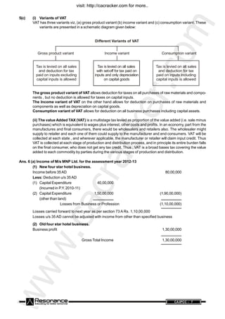 www.cacracker.com
ANCE CA-IPCC - 7
5(c) (i) Variants of VAT
VAT has three variants viz, (a) gross product variant (b) income variant and (c) consumption variant. These
variants are presented in a schematic diagram given below:
Different Variants of VAT
Gross product variant
Tax is levied on all sales
and deduction for tax
paid on inputs excluding
capital inputs is allowed
Tax is levied on all sales
with set-off for tax paid on
inputs and only depreciation
on capital goods
Tax is levied on all sales
and deduction for tax
paid on inputs including
capital inputs is allowed
Income variant Consumption variant
The gross product variant of VAT allows deduction for taxes on all purchases of raw materials and compo-
nents , but no deduction is allowed for taxes on capital inputs.
The Income variant of VAT on the other hand allows for deduction on purchases of raw materials and
components as well as depreciation on capital goods.
Consumption variant of VAT allows for deduction on all business purchases including capital assets.
(ii) The value Added TAX (VAT) is a multistage tax levied as proportion of the value added (i.e. sale minus
purchases) which is equivalent to wages plus interest, other costs and profits. In an economy, part from the
manufactures and final consumers, there would be wholesalers and retailers also. The wholesaler might
supply to retailer and each one of them could supply to the manufacturer and end consumers. VAT will be
collected at each state , and wherever applicable, the manufacturer or retailer will claim input credit. Thus
VAT is collected at each stage of production and distribution process, and in principle its entire burden falls
on the final consumer, who does not get any tax credit. Thus , VAT is a broad bases tax covering the value
added to each commodity by parties during the various stages of production and distribution.
Ans. 6 (a) Income of M/s MNP Ltd. for the assessment year 2012-13
(1) New four star hotel business.
Income before 35AD 80,00,000
Less: Deduction u/s 35AD
(1) Capital Expenditure 40,00,000
(Incurred in P.Y. 2010-11)
(2) Capital Expenditure 1,50,00,000 (1,90,00,000)
(other than land)
Losses from Business or Profession (1,10,00,000)
Losses carried forward to next year as per section 73 A Rs. 1,10,00,000
Losses u/s 35 AD cannot be adjusted with income from other than specified business
(2) Old four star hotel business.
Business profit 1,30,00,000
Gross Total Income 1,30,00,000
visit: http://cacracker.com for more..
 