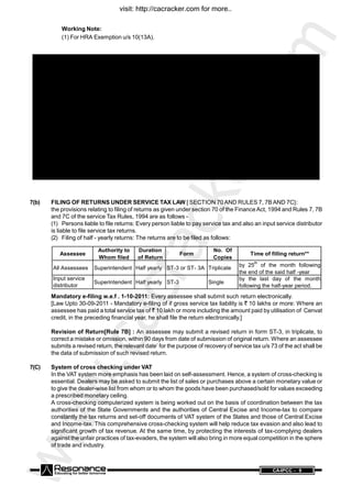 www.cacracker.com
ANCE CA-IPCC - 9
Working Note:
(1) For HRA Exemption u/s 10(13A).
April and
May 2011
June to
October 2011
November to
December 2011
January
2012
February and
March 2012
Rs Rs. Rs. Rs. Rs.
Basic Salary 10000 10000 10000 10000 11000
Dearness Allowance (only
the portion which is
considered for calculating all
retirement benefits)
5000 5000 5000 5000 5500
Salary 15000 15000 15000 15000 16500
40% of salary 6000 6000 - - -
50% of salary - - 7500 7500 8250
HouseRent Allowance 6000 6000 6000 7000 7000
Excess of rent paid over
10% of salary
Nil 4500 6500 6500 6350
Amount exempt from tax Nil 4500 6000 6500 6350
Amount chargeable to tax 6000 1500 Nil 500 650
6000 × 2 1500 × 5 Nil 500×1 650×2
12000 7500 - 500 1300 21300
7(b) FILING OF RETURNS UNDER SERVICE TAX LAW [ SECTION 70 AND RULES 7, 7B AND 7C}:
the provisions relating to filing of returns as given under section 70 of the FinanceAct, 1994 and Rules 7, 7B
and 7C of the service Tax Rules, 1994 are as follows -
(1) Persons liable to file returns: Every person liable to pay service tax and also an input service distributor
is liable to file service tax returns.
(2) Filing of half - yearly returns: The returns are to be filed as follows:
Assessee
Authority to
Whom filed
Duration
of Return
Form
No. Of
Copies
Time of filling return**
All Assessees Superintendent Half yearly ST-3 or ST- 3A Triplicate
by 25
th
of the month following
the end of the said half -year
Input service
distributor
Superintendent Half yearly ST-3 Single
by the last day of the month
following the half-year period.
Mandatory e-filing w.e.f . 1-10-2011: Every assessee shall submit such return electronically.
[Law Upto 30-09-2011 - Mandatory e-filing of if gross service tax liability is ` 10 lakhs or more: Where an
assessee has paid a total service tax of ` 10 lakh or more including the amount paid by utilisation of Cenvat
credit, in the preceding financial year, he shall file the return electronically.]
Revision of Return[Rule 7B] : An assessee may submit a revised return in form ST-3, in triplicate, to
correct a mistake or omission, within 90 days from date of submission of original return. Where an assessee
submits a revised return, the relevant date’ for the purpose of recovery of service tax u/s 73 of the act shall be
the data of submission of such revised return.
7(C) System of cross checking under VAT
In the VAT system more emphasis has been laid on self-assessment. Hence, a system of cross-checking is
essential. Dealers may be asked to submit the list of sales or purchases above a certain monetary value or
to give the dealer-wise list from whom or to whom the goods have been purchased/sold for values exceeding
a prescribed monetary ceiling.
A cross-checking computerized system is being worked out on the basis of coordination between the tax
authorities of the State Governments and the authorities of Central Excise and Income-tax to compare
constantly the tax returns and set-off documents of VAT system of the States and those of Central Excise
and Income-tax. This comprehensive cross-checking system will help reduce tax evasion and also lead to
significant growth of tax revenue. At the same time, by protecting the interests of tax-complying dealers
against the unfair practices of tax-evaders, the system will also bring in more equal competition in the sphere
of trade and industry.
visit: http://cacracker.com for more..
 