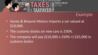 Example
• Hunte & Browne Motors imports a car valued at
$10,000.
• The customs duties on new cars is 250%.
• The company will pay ($10,000 x 250% =) $25,000 in
customs duties
 