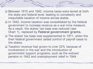  Between 1915 and 1942, income taxes were levied at both
the state and federal level, leading to complexity and
inequitab...