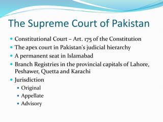 The Supreme Court of Pakistan
 Constitutional Court – Art. 175 of the Constitution
 The apex court in Pakistan's judicial hierarchy
 A permanent seat in Islamabad
 Branch Registries in the provincial capitals of Lahore,
Peshawer, Quetta and Karachi
 Jurisdiction
 Original
 Appellate
 Advisory
 