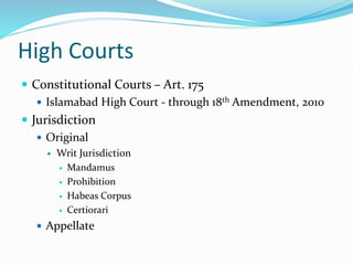 High Courts
 Constitutional Courts – Art. 175
 Islamabad High Court - through 18th Amendment, 2010
 Jurisdiction
 Original
 Writ Jurisdiction
 Mandamus
 Prohibition
 Habeas Corpus
 Certiorari
 Appellate
 