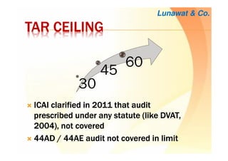 TAR CEILINGTAR CEILINGTAR CEILINGTAR CEILING
ICAI clarified in 2011 that auditICAI clarified in 2011 that auditICAI clarified in 2011 that auditICAI clarified in 2011 that audit
prescribed under any statute (like DVAT,prescribed under any statute (like DVAT,prescribed under any statute (like DVAT,prescribed under any statute (like DVAT,
2004), not covered2004), not covered2004), not covered2004), not covered
44AD / 44AE audit not covered in limit44AD / 44AE audit not covered in limit44AD / 44AE audit not covered in limit44AD / 44AE audit not covered in limit
Lunawat & Co.
30
45
60
 