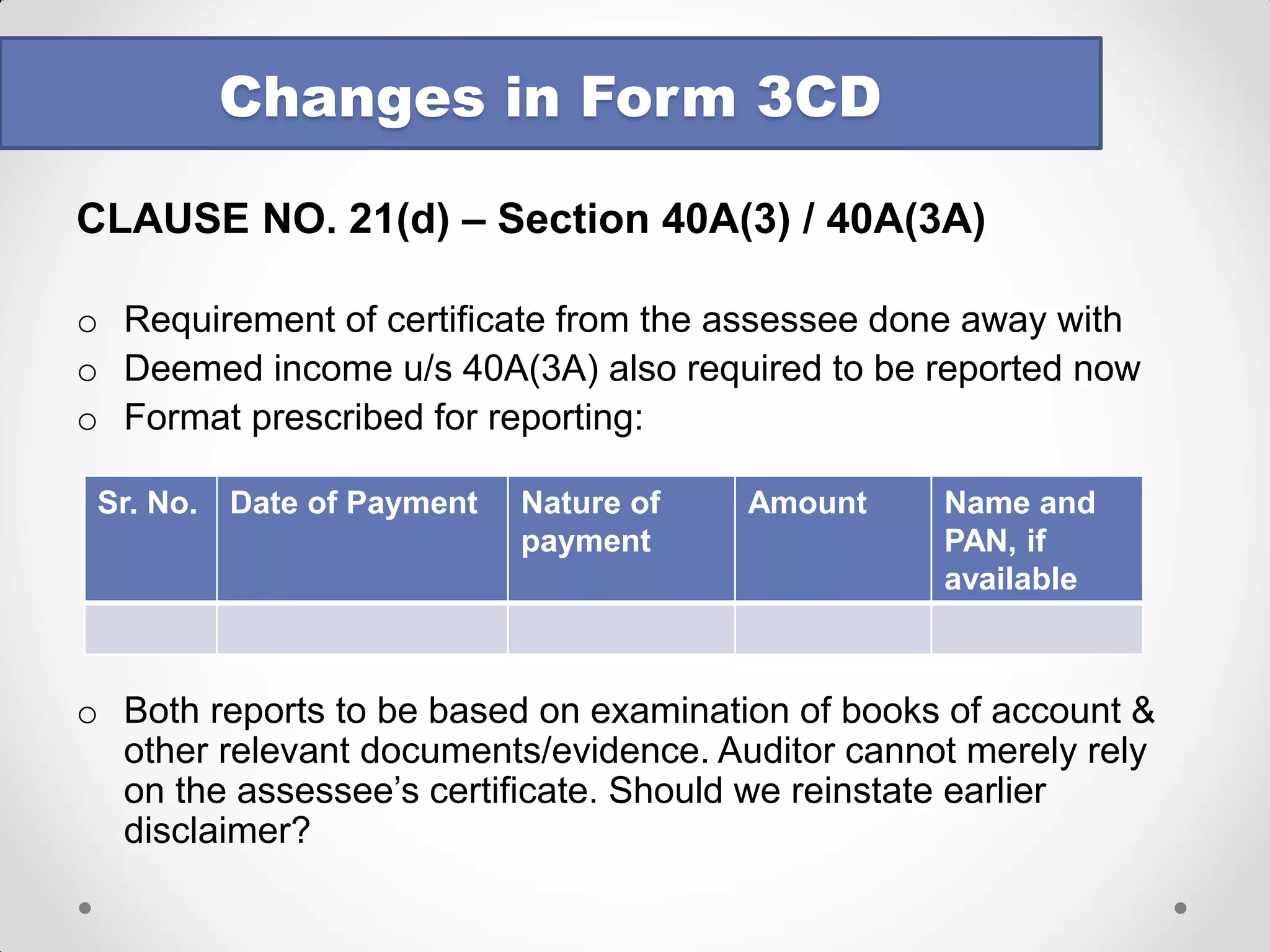 •CLAUSE NO. 17 – The Revised Guidance Note 
•The auditor should obtain: 
oregistered sale deed in case, the property is registered. 
oIn case the property is not registered, the auditor may verify relevant documents from relevant authorities and/or others (lawyers etc) to satisfy the compliance of sections 43CA/50C. 
oIf documents are not available, he may state the same through an observation in his report 3CA/CB. 
oAuditor to apply professional judgement as to what constitutes land or building 
Changes in Form 3CD  