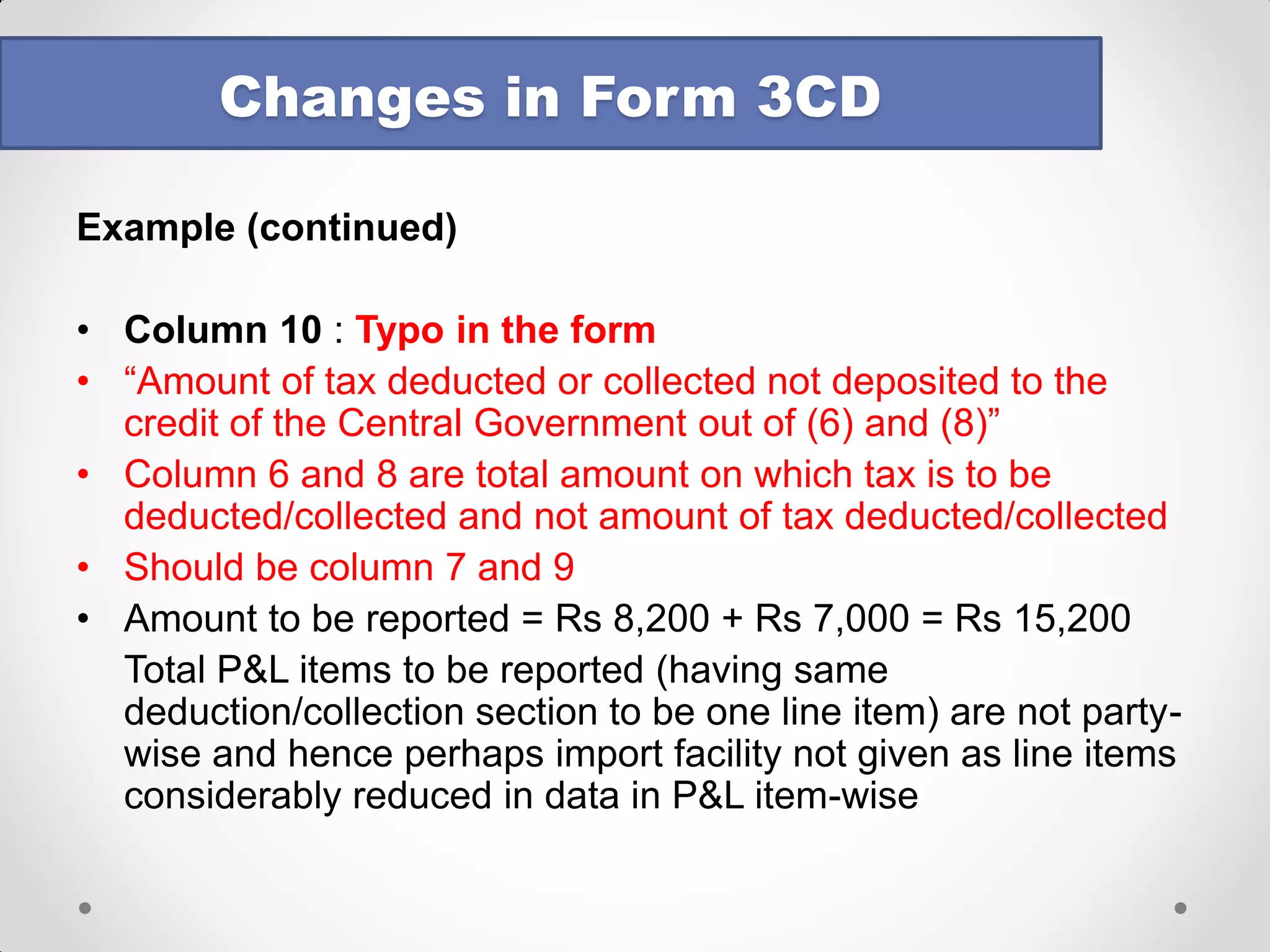 CLAUSE NO. 29 – INCOME U/S. 56(2)(viib) - applicable to companies 
No format prescribed in the 3CD itself. But, in utility, following details are called for: 
•Name of the person from whom consideration received for issue of shares 
•PAN of the person, if available 
•No. of Shares issued 
•Amount of consideration paid 
•Fair Market Value of the shares 
Changes in Form 3CD  