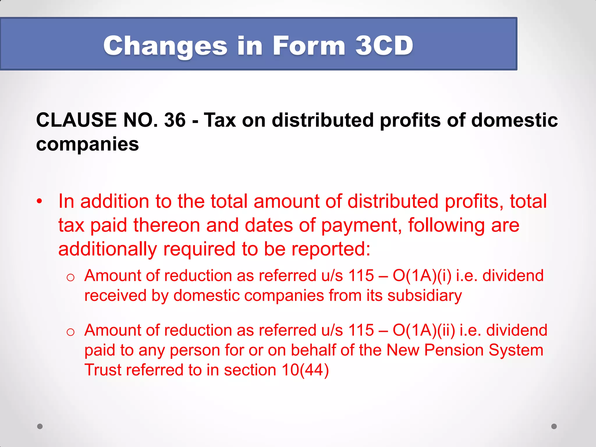 CLAUSE NO. 32 – Losses 
•New sub clause added : 
oReporting of details of losses from speculation business as referred to u/s 73 
oReporting of details of losses from specified business (S. 35AD) as referred to u/s 73A 
•Additional reporting – auditor will have to deal with the Explanation to S. 73 
Changes in Form 3CD  