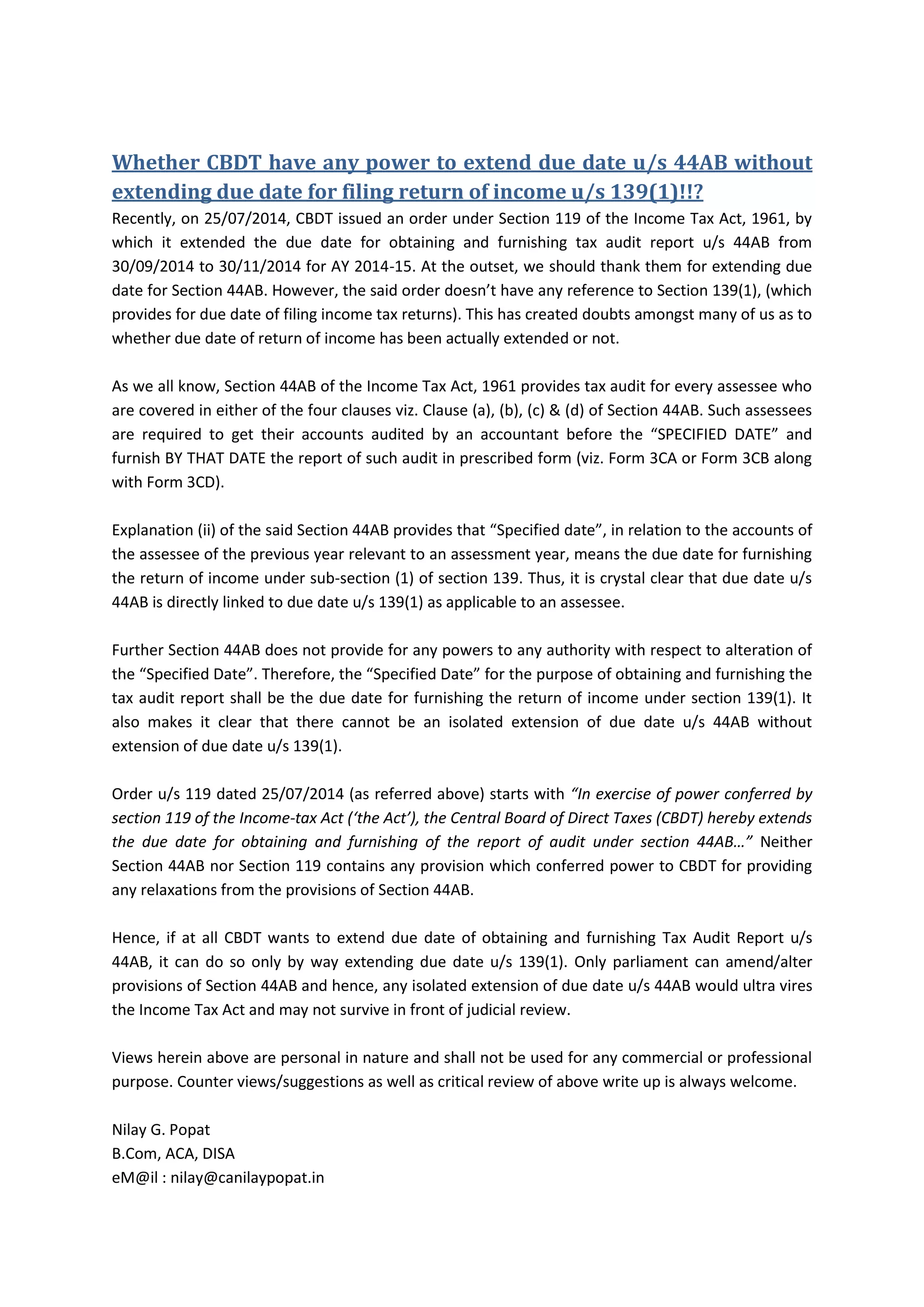 Power of CBDT to Extend due date of Tax Audit Report, without ITR Due