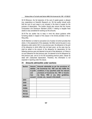 Guidance Note on Tax Audit under Section 44AB of the Income-tax Act, 1961 – AY 2022-23
107
30.18 Wherever, the full deduction of the cost of capital goods is allowed
(e.g. expenditure on Scientific Research u/s. 35) the auditor should verify
that the cost of such asset is not included in the block of assets for the
purpose of depreciation. The Auditor should also ensure that the Income
Computation and Disclosure Standard (ICDS) V relating to tangible fixed
assets is duly considered for working out the amounts.
30.19 The tax auditor has to keep in mind the above guidance while
furnishing details in respect of this clause in the format provided in the e-
filing utility.
30.20 Attention is invited to sub-section (2) of section 32 which provides that
where, in the assessment of the assessee, full effect cannot be given to any
allowance under section 32(1) in any previous year, the allowance or the part
of the allowance to which effect has not been given, as the case may be,
shall be added to the amount of the allowance for depreciation for the
following previous year and deemed to be part of that allowance, or if there is
no such allowance for that previous year, be deemed to be the allowance for
that previous year, and so on for the succeeding previous years. Clause 32
deals with unabsorbed depreciation. Therefore, this information is not
expected in reporting under this clause.
31. Amounts admissible under sections
Section Amount
debited
to profit
and
loss
account
Amounts admissible as per the provisions of
the Income-tax Act, 1961 and also fulfills the
conditions. If any specified under the relevant
provisions of Income-tax Act, 1961 or Income-
tax Rules, 1962 or any other guidelines,
circular, etc., issued in this behalf.
32AC
32AD
33AB
33ABA
35(1)(i)
35(1)(ii)
35(1)(iia)
 
