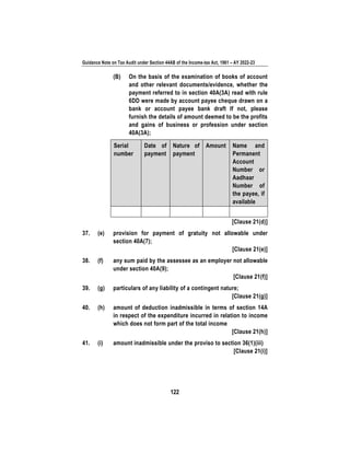 Guidance Note on Tax Audit under Section 44AB of the Income-tax Act, 1961 – AY 2022-23
122
(B) On the basis of the examination of books of account
and other relevant documents/evidence, whether the
payment referred to in section 40A(3A) read with rule
6DD were made by account payee cheque drawn on a
bank or account payee bank draft If not, please
furnish the details of amount deemed to be the profits
and gains of business or profession under section
40A(3A);
Serial
number
Date of
payment
Nature of
payment
Amount Name and
Permanent
Account
Number or
Aadhaar
Number of
the payee, if
available
[Clause 21(d)]
37. (e) provision for payment of gratuity not allowable under
section 40A(7);
[Clause 21(e)]
38. (f) any sum paid by the assessee as an employer not allowable
under section 40A(9);
[Clause 21(f)]
39. (g) particulars of any liability of a contingent nature;
[Clause 21(g)]
40. (h) amount of deduction inadmissible in terms of section 14A
in respect of the expenditure incurred in relation to income
which does not form part of the total income
[Clause 21(h)]
41. (i) amount inadmissible under the proviso to section 36(1)(iii)
[Clause 21(i)]
 
