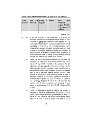 Guidance Note on Tax Audit under Section 44AB of the Income-tax Act, 1961 – AY 2022-23
140
Serial
Number
Date of
Payment
Nature of
Payment
Amount Name and
Permanent
Account Number
of the payee, if
available
[Clause 21(d)]
36.1 (a) As per the provisions of the sub-section (3) of section 40A
where the assessee incurs any expenditure in respect of which
a payment or aggregate of payments made to a person in a day,
otherwise than by an account payee cheque drawn on a bank or
account payee bank draft or use of electronic clearing system
through a bank account or through such other electronic mode
as may be prescribed, exceeding rupees ten thousand, no
deduction would be allowed in respect of such expenditure. In
case of payment made for plying, hiring or leasing of goods
carriage, limit is Rs.35,000/- instead of Rs. 10,000/-.
(b) Further, as per the provisions of section 40A(3A) where any
allowance has been made in the assessment for any year in
respect of any liability incurred by the assessee for any
expenditure and subsequently during any previous year the
assessee makes payment in respect thereof, otherwise than an
account payee cheque drawn on a bank or account payee bank
draft or use of electronic clearing system through a bank
account or through such other electronic mode as may be
prescribed exceeding Rs. 10,000, the payment so made shall be
deemed to be the profits and gains of business or profession
and accordingly chargeable to income tax with respect to that
previous year. In case of payment made for plying, hiring or
leasing of goods carriage, limit is Rs.35,000/- in place of Rs.
10,000/-.
(c) Further, no disallowance would be made if the payment or
aggregate of payments, exceeding Rs. 10,000 (Rs. 35000 in
case of plying, hiring or leasing of goods carriage) is made to a
person in a day otherwise than by an account payee cheque
drawn on a bank or account payee bank draft or use of
 
