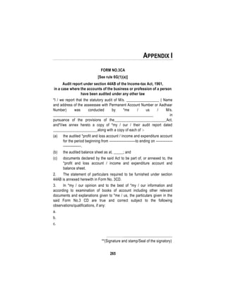 265
APPENDIX I
FORM NO.3CA
[See rule 6G(1)(a)]
Audit report under section 44AB of the Income-tax Act, 1961,
in a case where the accounts of the business or profession of a person
have been audited under any other law
*I / we report that the statutory audit of M/s. _________________ ( Name
and address of the asseessee with Permanent Account Number or Aadhaar
Number) was conducted by *me / us / M/s.
____________________________________________________ in
pursuance of the provisions of the___________________________Act,
and*I/we annex hereto a copy of *my / our / their audit report dated
_______________________along with a copy of each of :-
(a) the audited *profit and loss account / income and expenditure account
for the period beginning from ----------------------to ending on --------------
---------------.
(b) the audited balance sheet as at, _____; and
(c) documents declared by the said Act to be part of, or annexed to, the
*profit and loss account / income and expenditure account and
balance sheet.
2. The statement of particulars required to be furnished under section
44AB is annexed herewith in Form No. 3CD.
3. In *my / our opinion and to the best of *my / our information and
according to examination of books of account including other relevant
documents and explanations given to *me / us, the particulars given in the
said Form No.3 CD are true and correct subject to the following
observations/qualifications, if any:
a.
b.
c.
…………….................................................
**(Signature and stamp/Seal of the signatory)
 