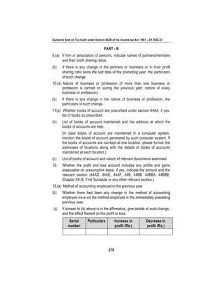 Guidance Note on Tax Audit under Section 44AB of the Income-tax Act, 1961 – AY 2022-23
270
PART - B
9.(a) If firm or association of persons, indicate names of partners/members
and their profit sharing ratios.
(b) If there is any change in the partners or members or in their profit
sharing ratio since the last date of the preceding year, the particulars
of such change
10.(a) Nature of business or profession (if more than one business or
profession is carried on during the previous year, nature of every
business or profession)
(b) If there is any change in the nature of business or profession, the
particulars of such change.
11(a) Whether books of account are prescribed under section 44AA, if yes,
list of books so prescribed.
(b) List of books of account maintained and the address at which the
books of accounts are kept.
(In case books of account are maintained in a computer system,
mention the books of account generated by such computer system. If
the books of accounts are not kept at one location, please furnish the
addresses of locations along with the details of books of accounts
maintained at each location.)
(c) List of books of account and nature of relevant documents examined.
12. Whether the profit and loss account includes any profits and gains
assessable on presumptive basis, if yes, indicate the amount and the
relevant section (44AD, 44AE, 44AF, 44B, 44BB, 44BBA, 44BBB,
Chapter XII-G, First Schedule or any other relevant section.)
13.(a) Method of accounting employed in the previous year
(b) Whether there had been any change in the method of accounting
employed vis-a-vis the method employed in the immediately preceding
previous year.
(c) If answer to (b) above is in the affirmative, give details of such change,
and the effect thereof on the profit or loss.
Serial
number
Particulars Increase in
profit (Rs.)
Decrease in
profit (Rs.)
 