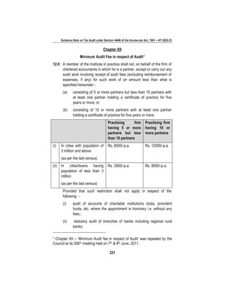 Guidance Note on Tax Audit under Section 44AB of the Income-tax Act, 1961 – AY 2022-23
331
Chapter XII
Minimum Audit Fee in respect of Audit
12.0 A member of the Institute in practice shall not, on behalf of the firm of
chartered accountants in which he is a partner, accept or carry out any
audit work involving receipt of audit fees (excluding reimbursement of
expenses, if any) for such work of an amount less than what is
specified hereunder:-
(a) consisting of 5 or more partners but less than 10 partners with
at least one partner holding a certificate of practice for five
years or more; or
(b) consisting of 10 or more partners with at least one partner
holding a certificate of practice for five years or more.
Practising firm
having 5 or more
partners but less
than 10 partners
Practising firm
having 10 or
more partners
(i) In cities with population of
3 million and above.
(as per the last census)
Rs. 6000/-p.a. Rs. 12000/-p.a.
(ii) In cities/towns having
population of less than 3
million.
(as per the last census)
Rs. 3500/-p.a. Rs. 8000/-p.a.
Provided that such restriction shall not apply in respect of the
following: -
(i) audit of accounts of charitable institutions clubs, provident
funds, etc. where the appointment is honorary i.e. without any
fees;.
(ii) statutory audit of branches of banks including regional rural
banks;

Chapter XII – ‘Minimum Audit fee in respect of Audit’ was repealed by the
Council at its 306th meeting held on 7th & 8th June, 2011.
 