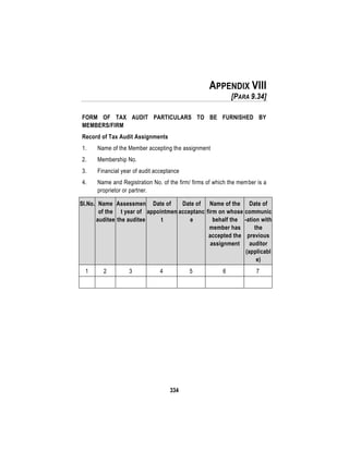 334
APPENDIX VIII
[PARA 9.34]
FORM OF TAX AUDIT PARTICULARS TO BE FURNISHED BY
MEMBERS/FIRM
Record of Tax Audit Assignments
1. Name of the Member accepting the assignment
2. Membership No.
3. Financial year of audit acceptance
4. Name and Registration No. of the firm/ firms of which the member is a
proprietor or partner.
Sl.No. Name
of the
auditee
Assessmen
t year of
the auditee
Date of
appointmen
t
Date of
acceptanc
e
Name of the
firm on whose
behalf the
member has
accepted the
assignment
Date of
communic
-ation with
the
previous
auditor
(applicabl
e)
1 2 3 4 5 6 7
 