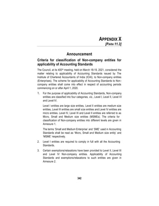 342
APPENDIX X
[PARA 11.3]
Announcement
Criteria for classification of Non-company entities for
applicability of Accounting Standards
The Council, at its 400th meeting, held on March 18-19, 2021, considered the
matter relating to applicability of Accounting Standards issued by The
Institute of Chartered Accountants of India (ICAI), to Non-company entities
(Enterprises). The scheme for applicability of Accounting Standards to Non-
company entities shall come into effect in respect of accounting periods
commencing on or after April 1, 2020.
1. For the purpose of applicability of Accounting Standards, Non-company
entities are classified into four categories, viz., Level I, Level II, Level III
and Level IV.
Level I entities are large size entities, Level II entities are medium size
entities, Level III entities are small size entities and Level IV entities are
micro entities. Level IV, Level III and Level II entities are referred to as
Micro, Small and Medium size entities (MSMEs). The criteria for
classification of Non-company entities into different levels are given in
Annexure 1.
The terms ‘Small and Medium Enterprise’ and ‘SME’ used in Accounting
Standards shall be read as ‘Micro, Small and Medium size entity’ and
‘MSME’ respectively.
2. Level I entities are required to comply in full with all the Accounting
Standards.
3. Certain exemptions/relaxations have been provided to Level II, Level III
and Level IV Non-company entities. Applicability of Accounting
Standards and exemptions/relaxations to such entities are given in
Annexure 2.
 