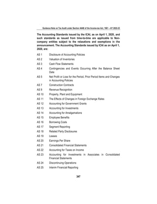 Guidance Note on Tax Audit under Section 44AB of the Income-tax Act, 1961 – AY 2022-23
347
The Accounting Standards issued by the ICAI, as on April 1, 2020, and
such standards as issued from time-to-time are applicable to Non-
company entities subject to the relaxations and exemptions in the
announcement. The Accounting Standards issued by ICAI as on April 1,
2020, are:
AS 1 Disclosure of Accounting Policies
AS 2 Valuation of Inventories
AS 3 Cash Flow Statements
AS 4 Contingencies and Events Occurring After the Balance Sheet
Date
AS 5 Net Profit or Loss for the Period, Prior Period Items and Changes
in Accounting Policies
AS 7 Construction Contracts
AS 9 Revenue Recognition
AS 10 Property, Plant and Equipment
AS 11 The Effects of Changes in Foreign Exchange Rates
AS 12 Accounting for Government Grants
AS 13 Accounting for Investments
AS 14 Accounting for Amalgamations
AS 15 Employee Benefits
AS 16 Borrowing Costs
AS 17 Segment Reporting
AS 18 Related Party Disclosures
AS 19 Leases
AS 20 Earnings Per Share
AS 21 Consolidated Financial Statements
AS 22 Accounting for Taxes on Income
AS 23 Accounting for Investments in Associates in Consolidated
Financial Statements
AS 24 Discontinuing Operations
AS 25 Interim Financial Reporting
 