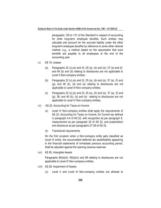 Guidance Note on Tax Audit under Section 44AB of the Income-tax Act, 1961 – AY 2022-23
352
paragraphs 129 to 131 of the Standard in respect of accounting
for other long-term employee benefits. Such entities may
calculate and account for the accrued liability under the other
long-term employee benefits by reference to some other rational
method, e.g., a method based on the assumption that such
benefits are payable to all employees at the end of the
accounting year.
(v) AS 19, Leases
(a) Paragraphs 22 (c),(e) and (f); 25 (a), (b) and (e); 37 (a) and (f);
and 46 (b) and (d) relating to disclosures are not applicable to
Level II Non-company entities.
(b) Paragraphs 22 (c),(e) and (f); 25 (a), (b) and (e); 37 (a), (f) and
(g); and 46 (b), (d) and (e) relating to disclosures are not
applicable to Level III Non-company entities.
(c) Paragraphs 22 (c),(e) and (f); 25 (a), (b) and (e); 37 (a), (f) and
(g); 38; and 46 (b), (d) and (e) relating to disclosures are not
applicable to Level IV Non-company entities.
(vi) AS 22, Accounting for Taxes on Income
(a) Level IV Non-company entities shall apply the requirements of
AS 22, Accounting for Taxes on Income, for Current tax defined
in paragraph 4.4 of AS 22, with recognition as per paragraph 9,
measurement as per paragraph 20 of AS 22, and presentation
and disclosure as per paragraphs 27-28 of AS 22.
(b) Transitional requirements
On the first occasion when a Non-company entity gets classified as
Level IV entity, the accumulated deferred tax asset/liability appearing
in the financial statements of immediate previous accounting period,
shall be adjusted against the opening revenue reserves.
(vii) AS 26, Intangible Assets
Paragraphs 90(d)(iii); 90(d)(iv) and 98 relating to disclosures are not
applicable to Level IV Non-company entities.
(viii) AS 28, Impairment of Assets
(a) Level II and Level III Non-company entities are allowed to
 