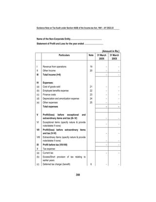 Guidance Note on Tax Audit under Section 44AB of the Income-tax Act, 1961 – AY 2022-23
358
Name of the Non-Corporate Entity………………………………………
Statement of Profit and Loss for the year ended ………………………
(Amount in Rs.)
Particulars Note 31 March
20XX
31 March
20XX
I Revenue from operations 19 - -
II Other Income 20 - -
III Total Income (I+II) - -
IV Expenses:
(a) Cost of goods sold 21 - -
(b) Employee benefits expense 22 - -
(c) Finance costs 23 - -
(d) Depreciation and amortization expense 24 - -
(e) Other expenses 25 - -
Total expenses - -
V Profit/(loss) before exceptional and
extraordinary items and tax (III- IV) - -
VI Exceptional items (specify nature & provide
note/delete if none)
- -
VII Profit/(loss) before extraordinary items
and tax (V-VI) - -
VIII Extraordinary Items (specify nature & provide
note/delete if none) - -
IX Profit before tax (VII-VIII) - -
X Tax expense:
(a) Current tax - -
(b) Excess/Short provision of tax relating to
earlier years
(c) Deferred tax charge/ (benefit) 6 - -
 