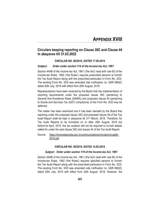 423
APPENDIX XVIII
Circulars keeping reporting on Clause 30C and Clause 44
in abeyance till 31.03.2022
CIRCULAR NO. 06/2018, DATED 17.08.2018
Subject: Order under section 119 of the Income-tax Act, 1961
Section 44AB of the Income-tax Act, 1961 (‘the Act’) read with rule 6G of the
Income-tax Rules, 1962 (‘the Rules’) requires prescribed persons to furnish
the Tax Audit Report along with the prescribed particulars in Form No. 3CD.
The existing Form No. 3CD was amended vide notification no. GSR 666(E)
dated 20th July, 2018 with effect from 20th August, 2018.
Representations have been received by the Board that the implementation of
reporting requirements under the proposed clause 30C (pertaining to
General Anti-Avoidance Rules (GAAR)) and proposed clause 44 (pertaining
to Goods and Services Tax (GST) compliance) of the Form No. 3CD may be
deferred.
The matter has been examined and it has been decided by the Board that
reporting under the proposed clause 30C and proposed clause 44 of the Tax
Audit Report shall be kept in abeyance till 31st March, 2019. Therefore, for
Tax Audit Reports to be furnished on or after 20th August, 2018 but
before1st April, 2019, the tax auditors will not be required to furnish details
called for under the said clause 30C and clause 44 of the Tax Audit Report.
Source: https://incometaxindia.gov.in/communications/circular/circular6-
2018.pdf
CIRCULAR NO. 09/2019, DATED 14.05.2019
Subject: Order under section 119 of the Income-tax Act, 1961
Section 44AB of the Income-tax Act, 1961 ('the Act') read with rule 6G of the
Income-tax Rules, 1962 ('the Rules') requires specified persons to furnish
the Tax Audit Report along with the prescribed particulars in Form No. 3CD.
The existing Form No. 3CD was amended vide notification no. GSR 666(E)
dated 20th July, 2018 with effect from 20th August, 2018. However, the
 